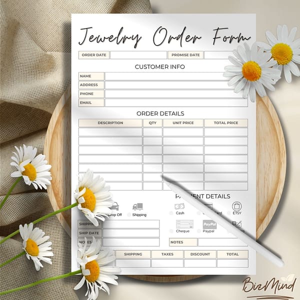 jewelry order form template, custom order form template